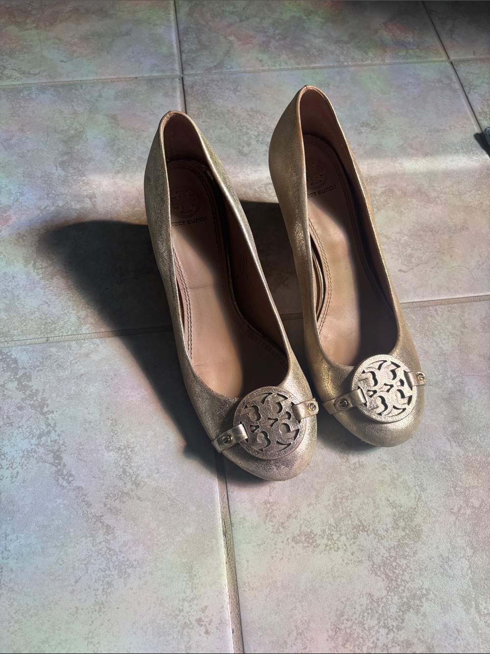 Tory Burch Metallic Gold Logo Round-Toe Wedges